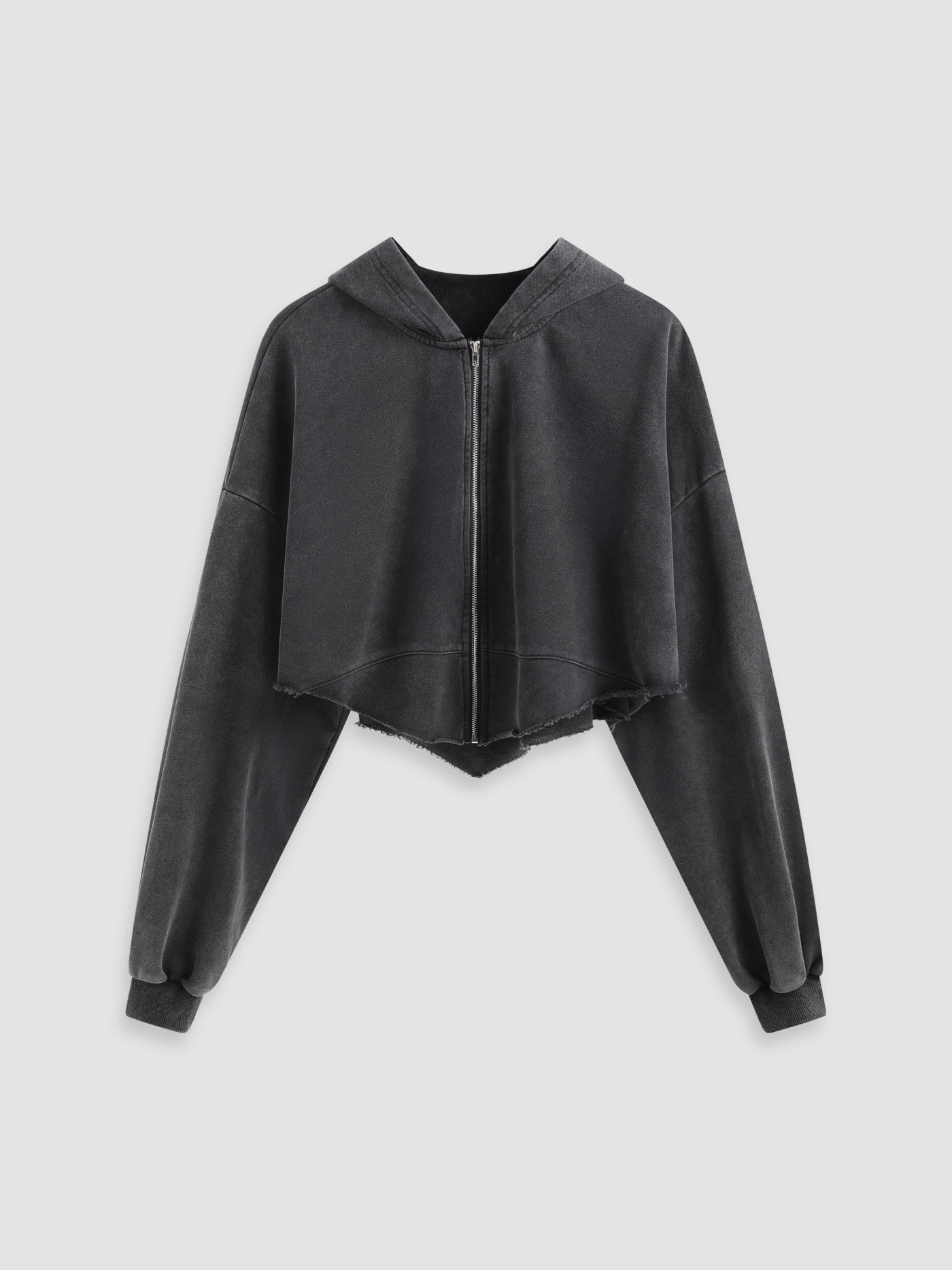 Solid Terry Hooded Asymmetrical Ripped Zipper Hoodie