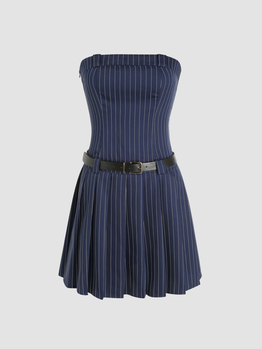 Gestreiftes, plissiertes Schlauch-Minikleid mit Gürtel