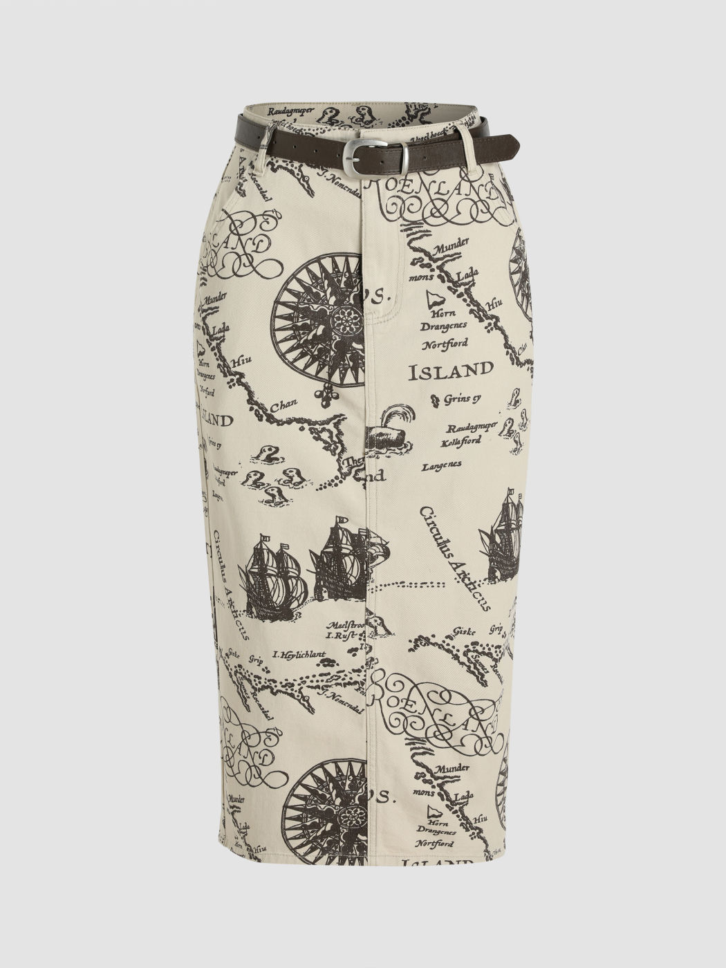 Denim Mid Waist All Over Print Split Skirt
