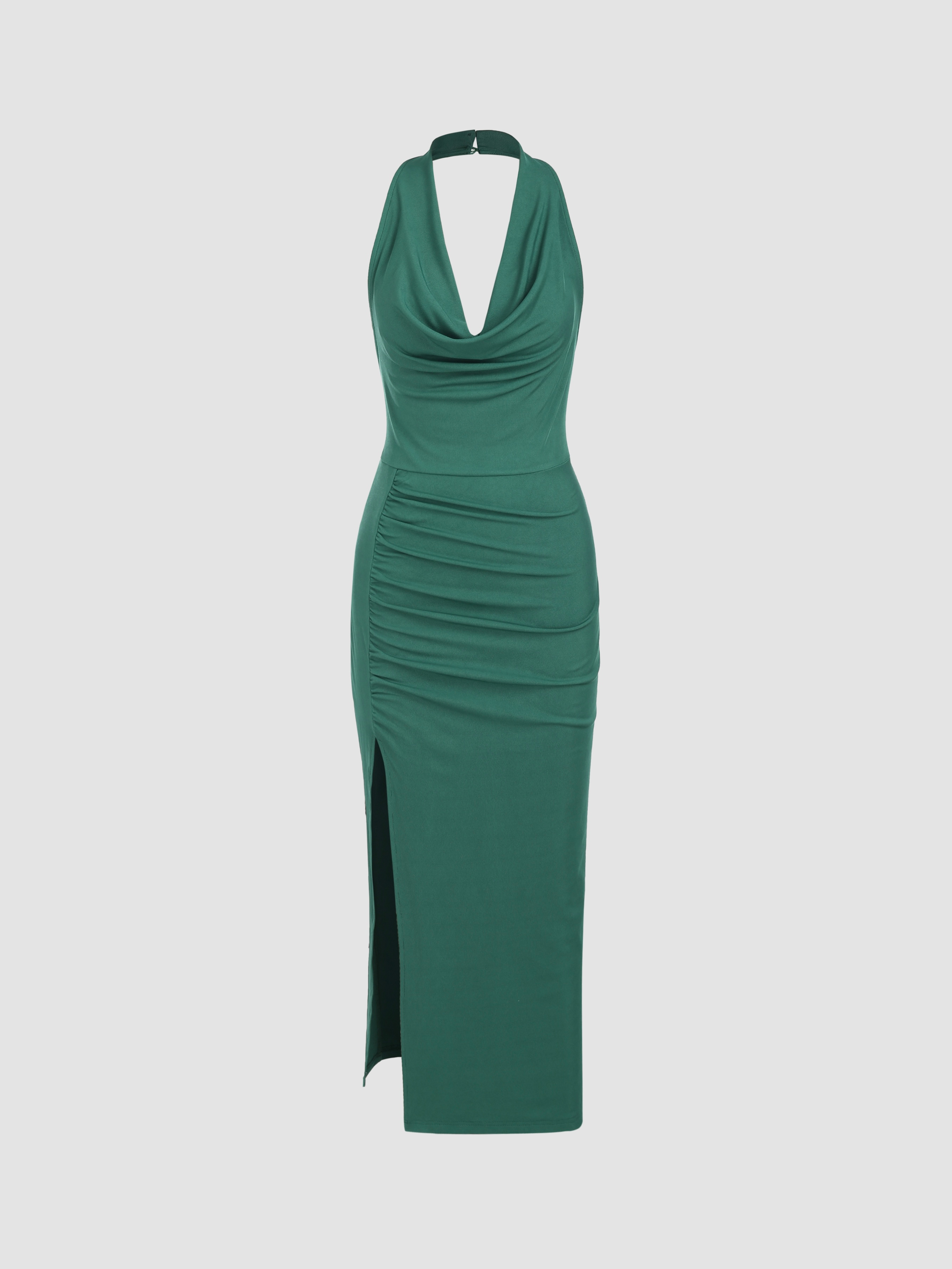 Metallic Halterneck Backless Ruched Maxi Dress