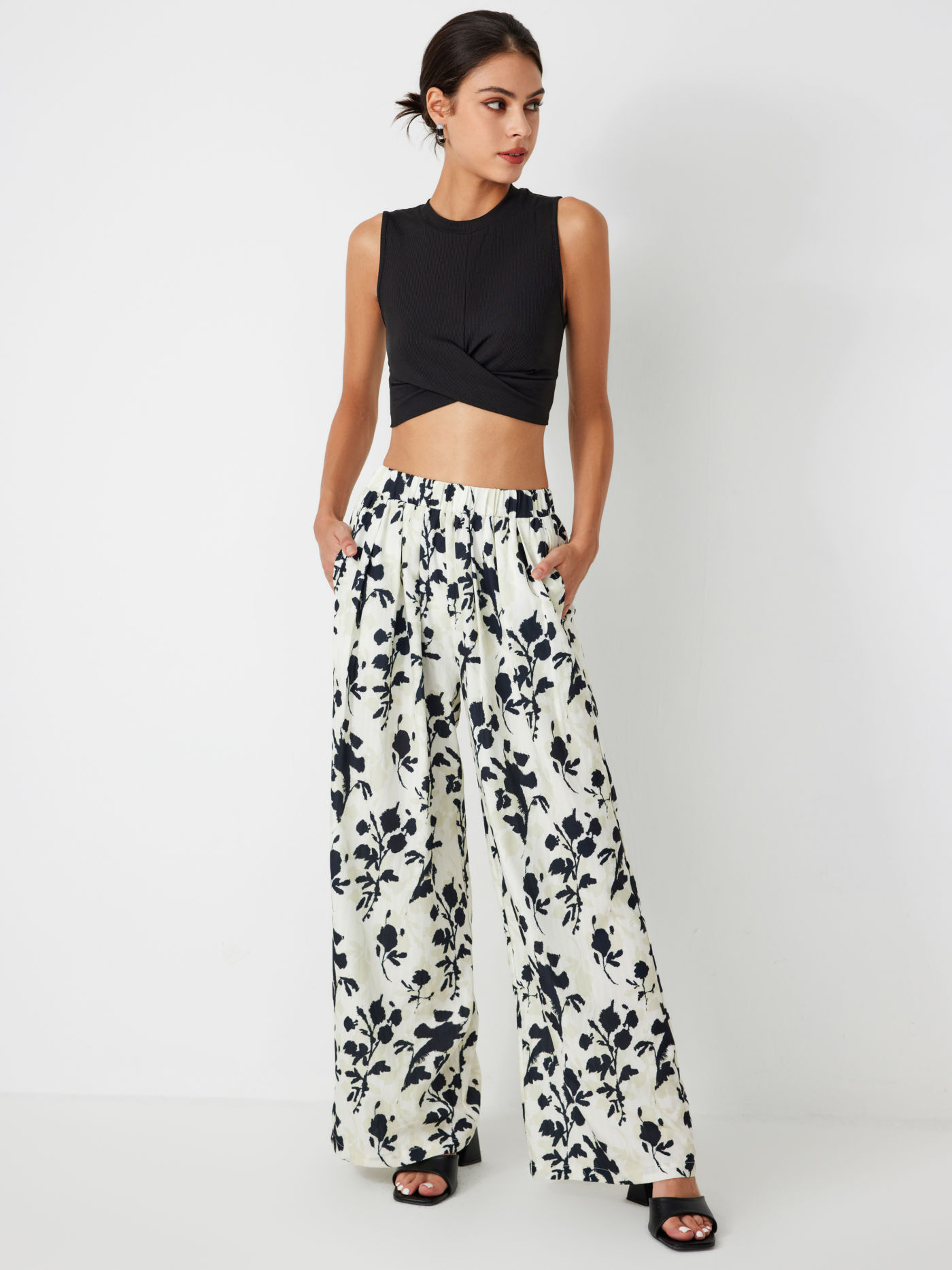 High Elastic Waist Floral Wide Leg Trousers
