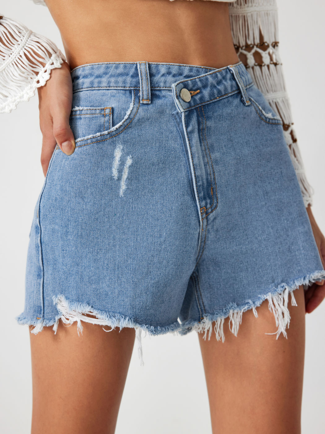 Denim High Waist Asymmetrical Waist Raw Hem Shorts
