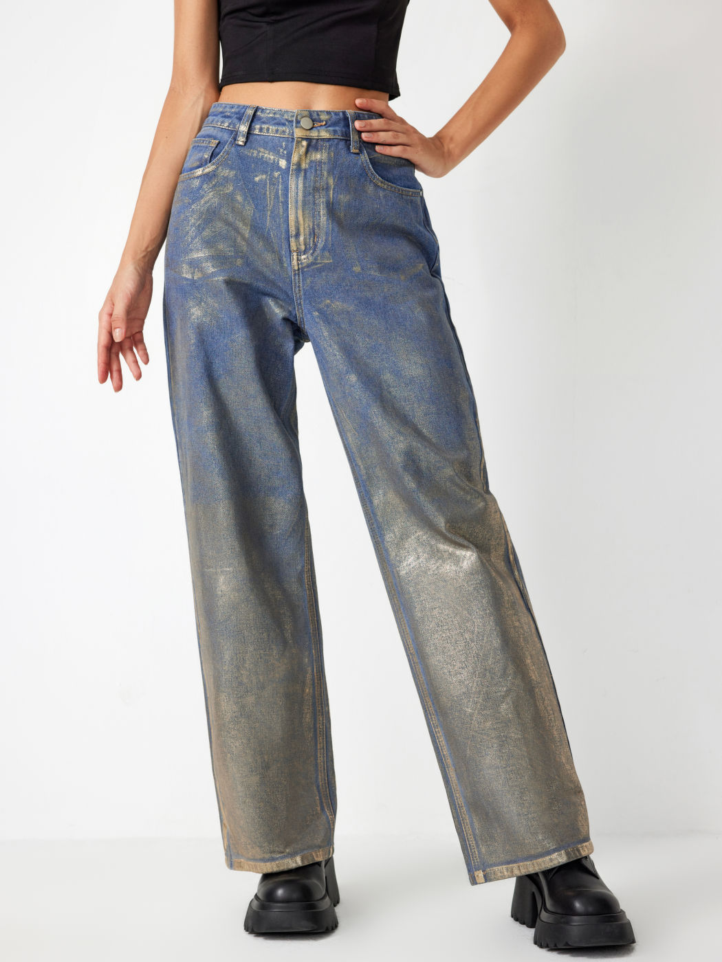 Hose aus Metallic-Denim mit hoher Taille und Taschen und weitem Bein