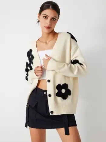 V-Ausschnitt Grafik Blumen Knopf Strickjacke