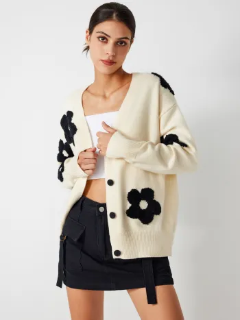 V-Ausschnitt Grafik Blumen Knopf Strickjacke