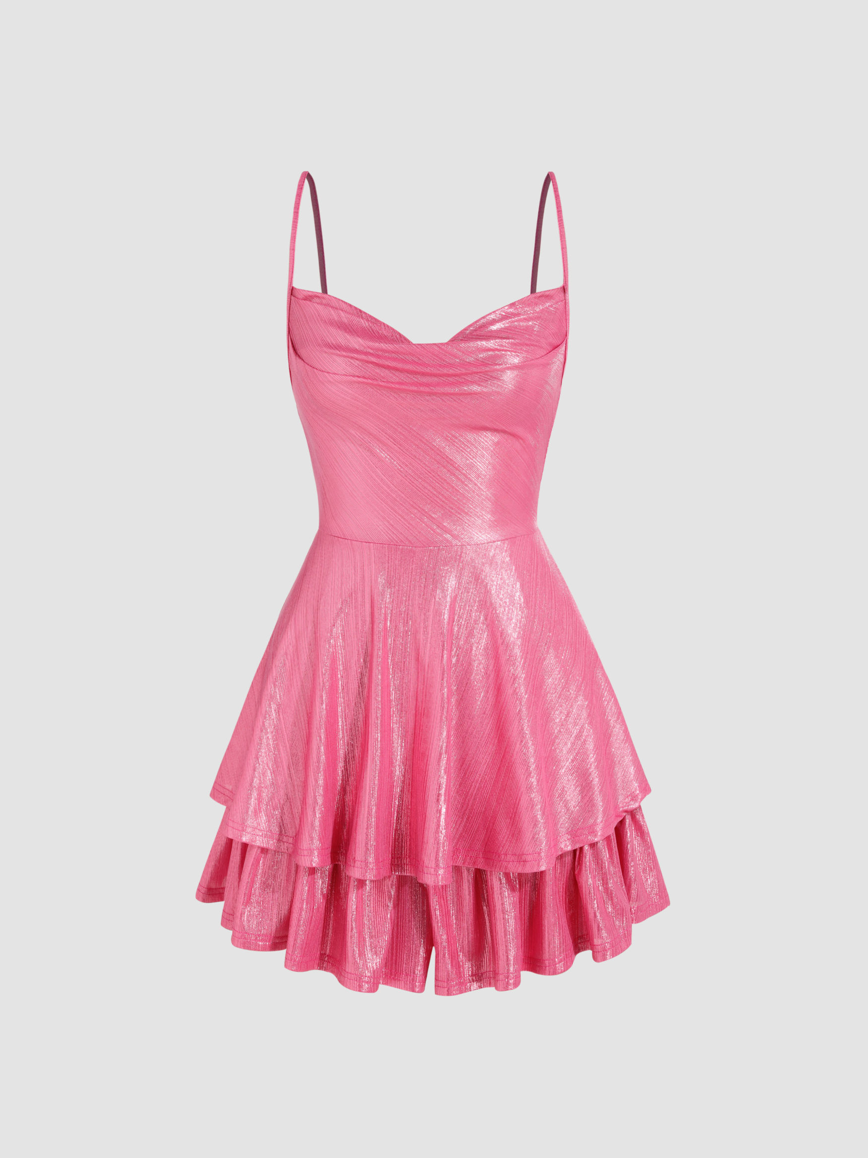 Cowl Neck Metallic Ruffle Romper