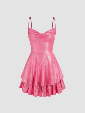 Cowl Neck Metallic Ruffle Romper