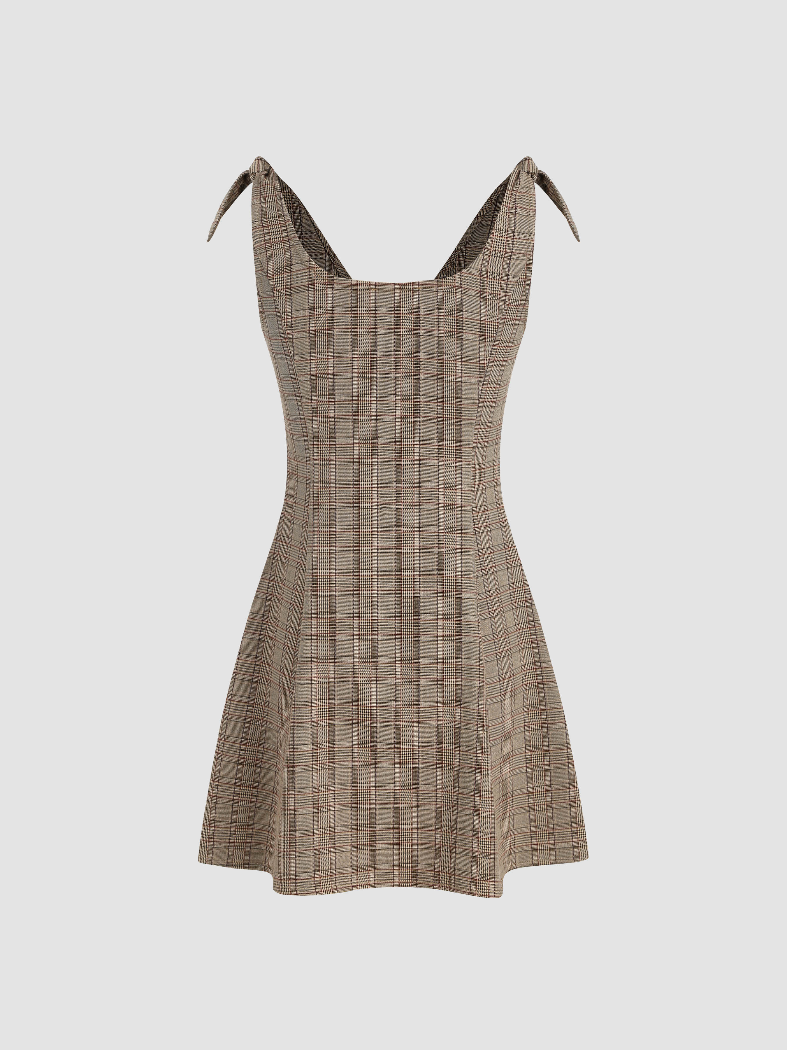 Woven V-neck Check Gingham Button Mini Dress For Daily Casual