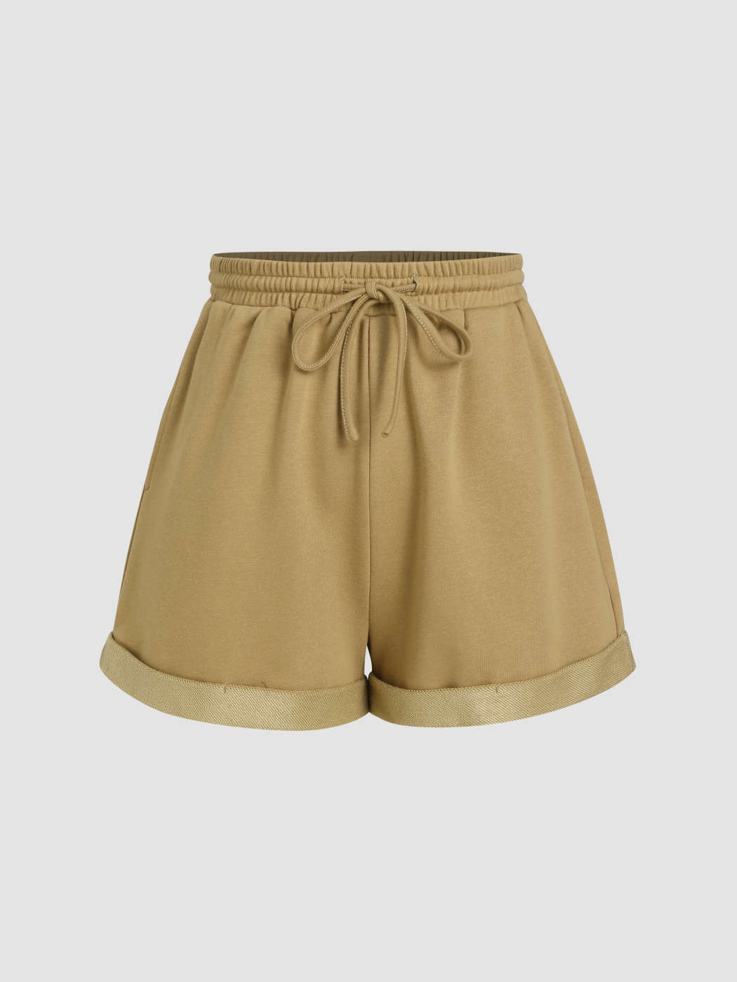 Terry Fold Mid Elastic Waist Solid Shorts - Cider