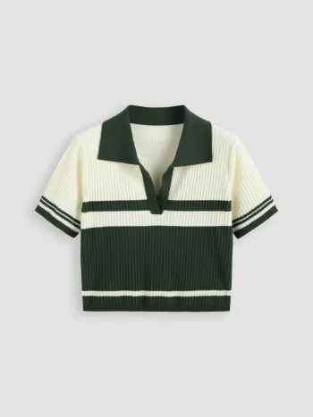 Knit Polo Striped Short Sleeve Top Curve & Plus