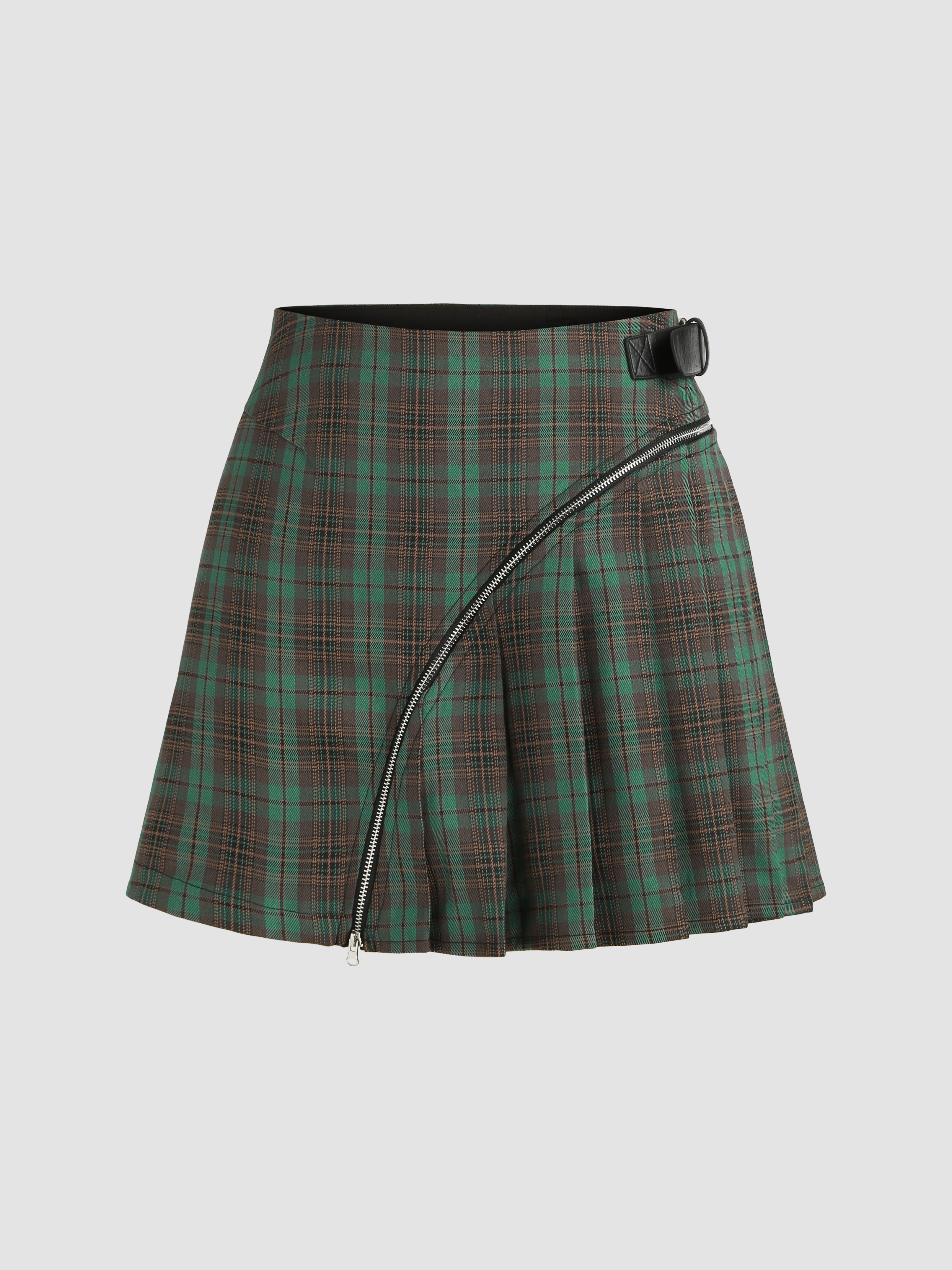 Detachable Mid Waist Check Pleated Zipper Mini Skirt - Cider
