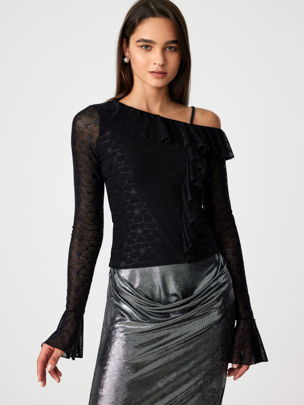 Chiffon Asymmetrical Neck Cold Shoulder Long Sleeve Top
