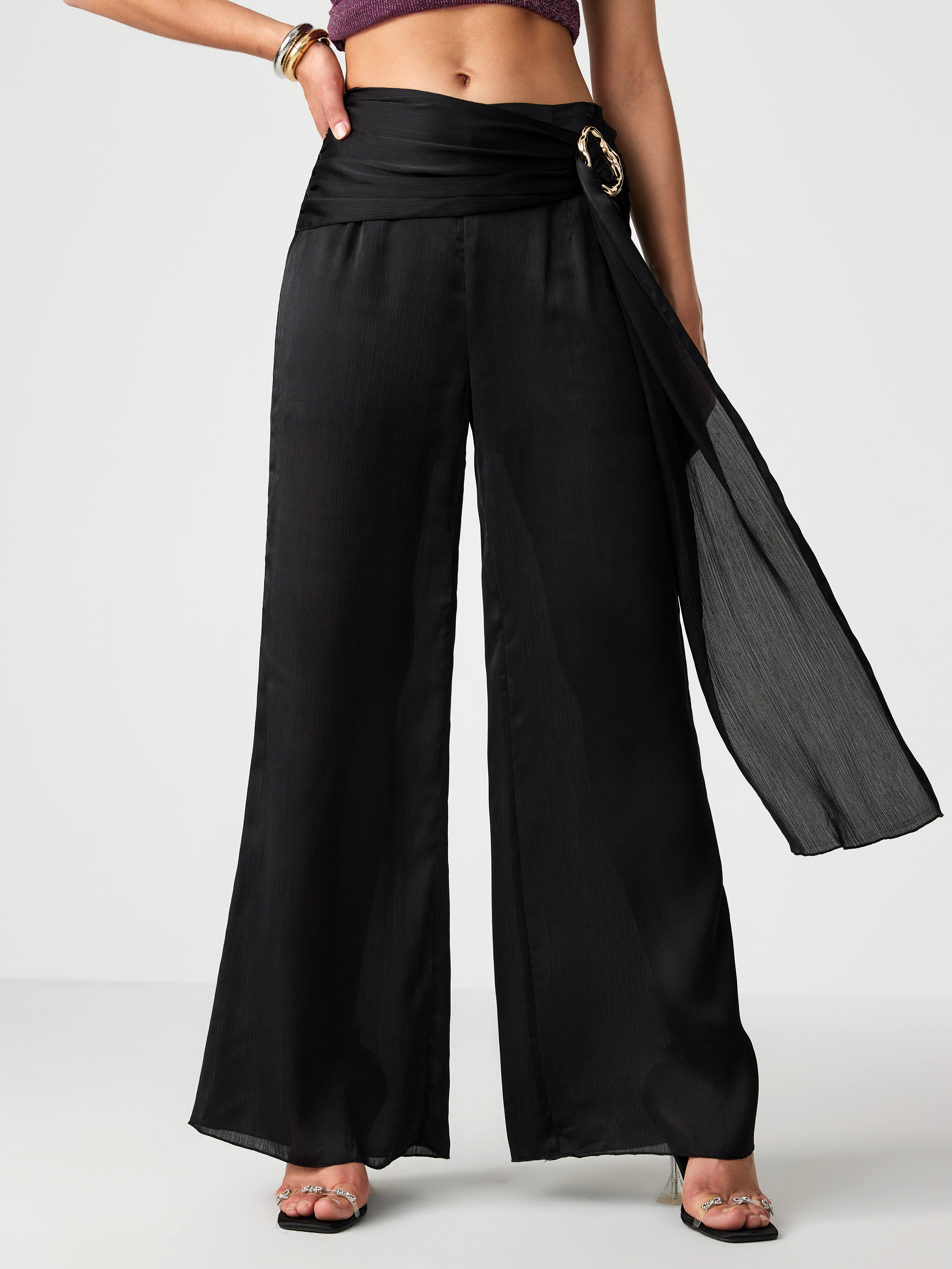 Woven Solid Mid Waist Knotted Ruched Flared Trousers For Daily Casual