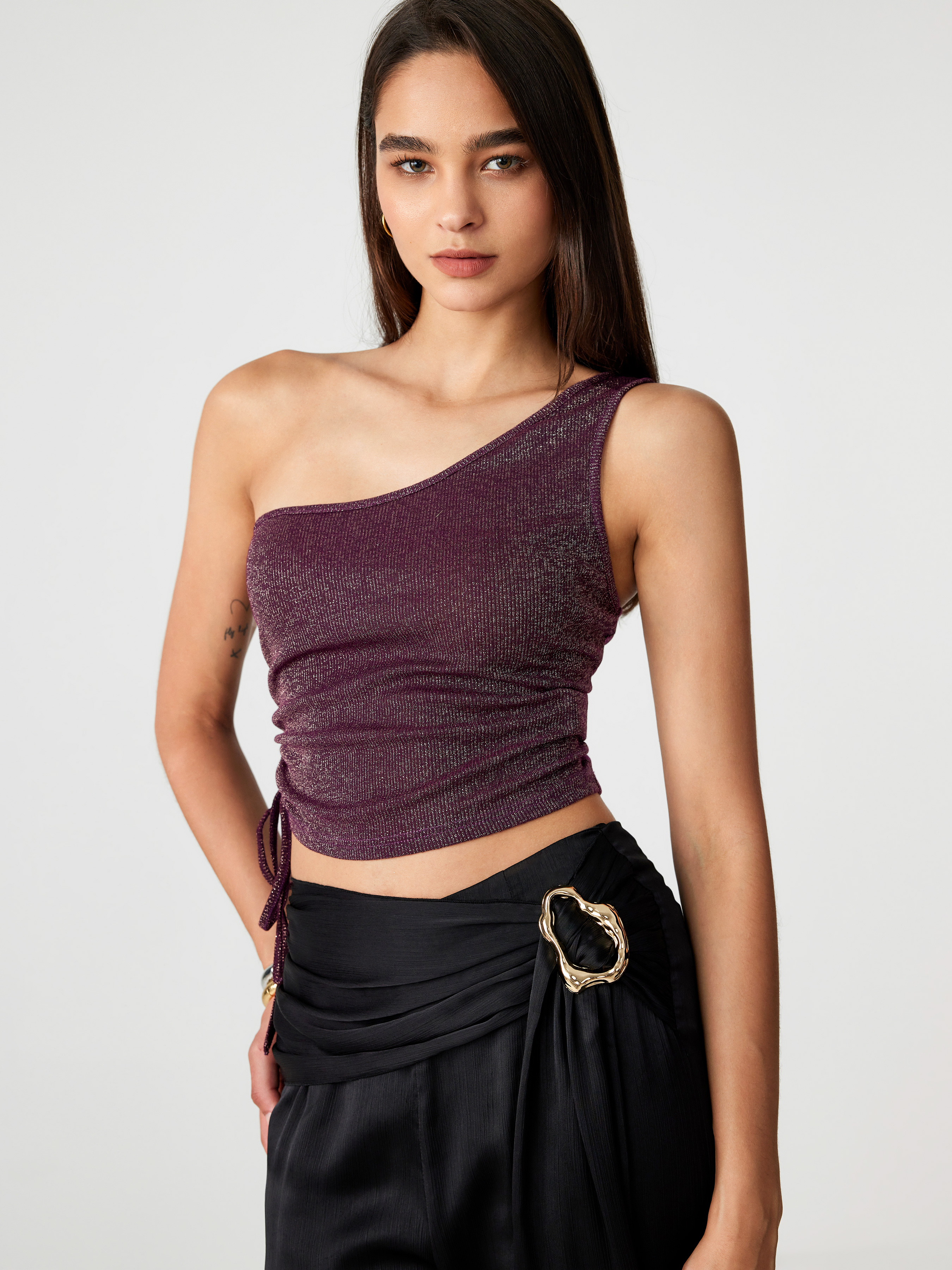 Halloween Knit Fabric Asymmetrical Neck Glitter Solid Crop