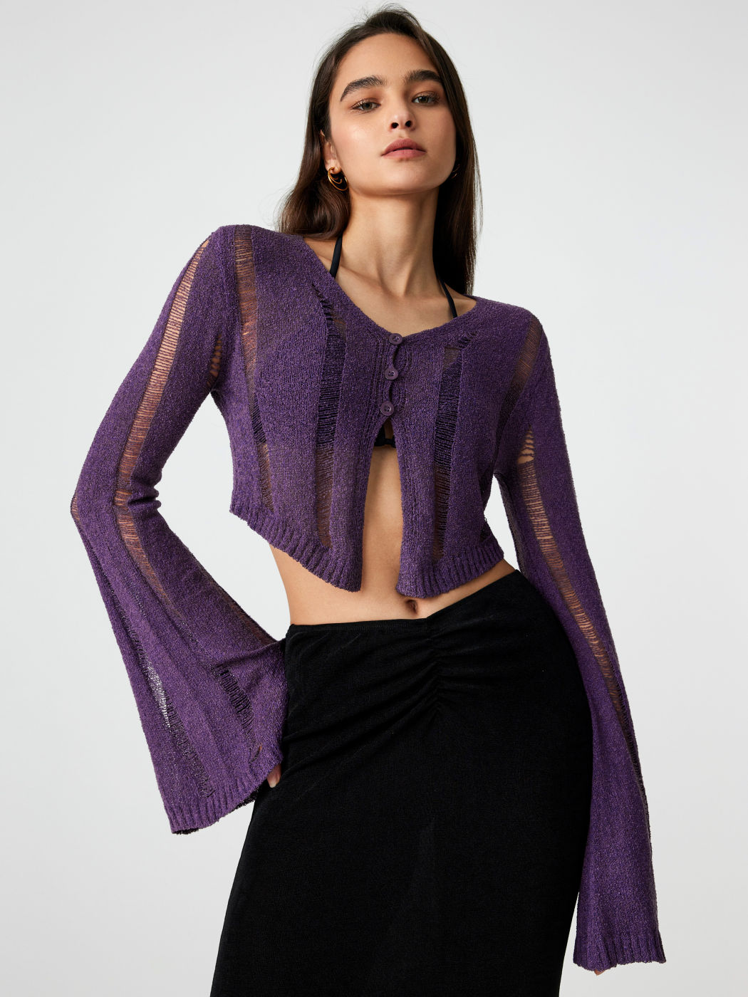 Long Knit Hollow-Out Short-Sleeve Cardigan