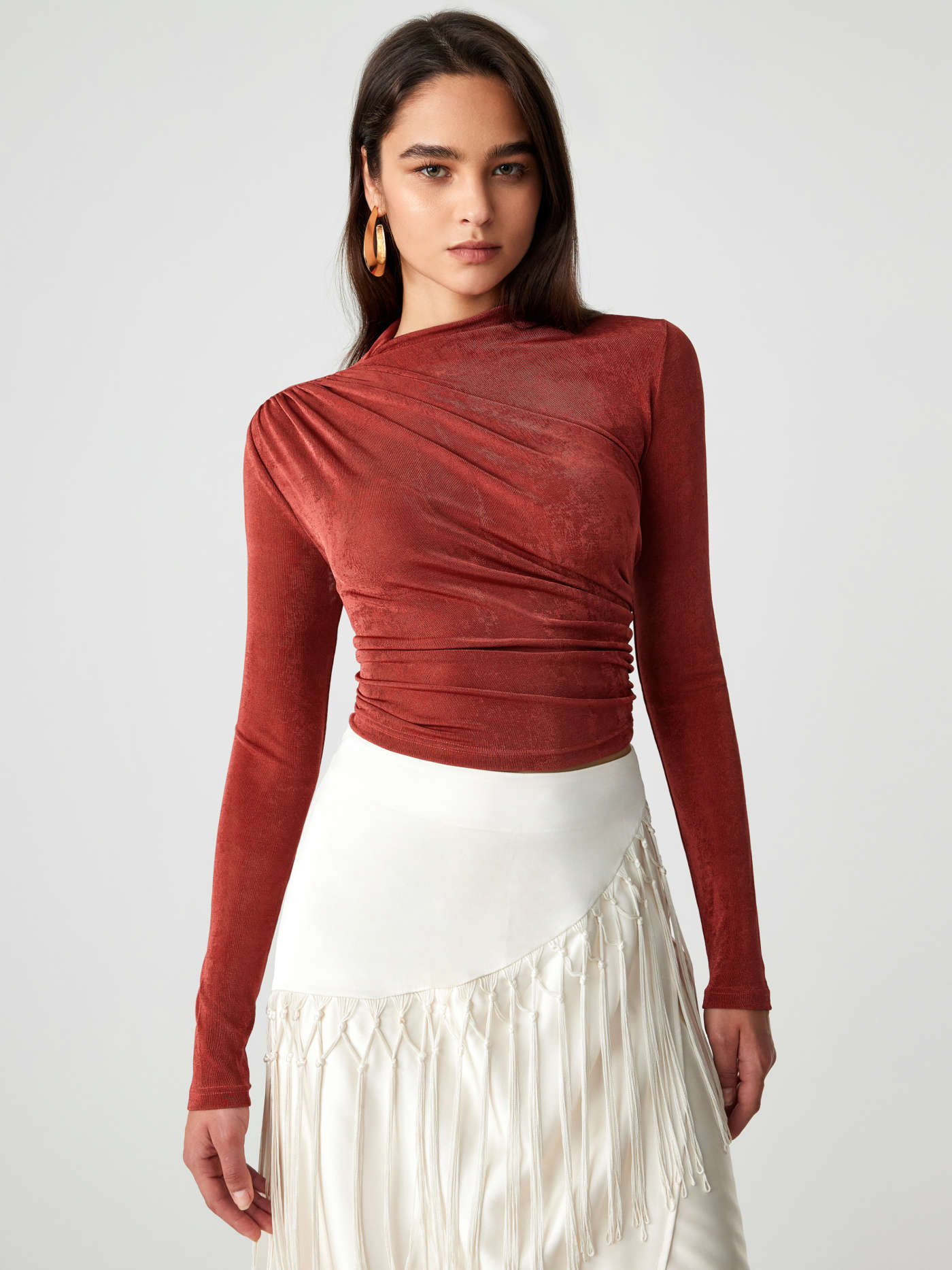 Stand Collar Ruched Long Sleeve Tee