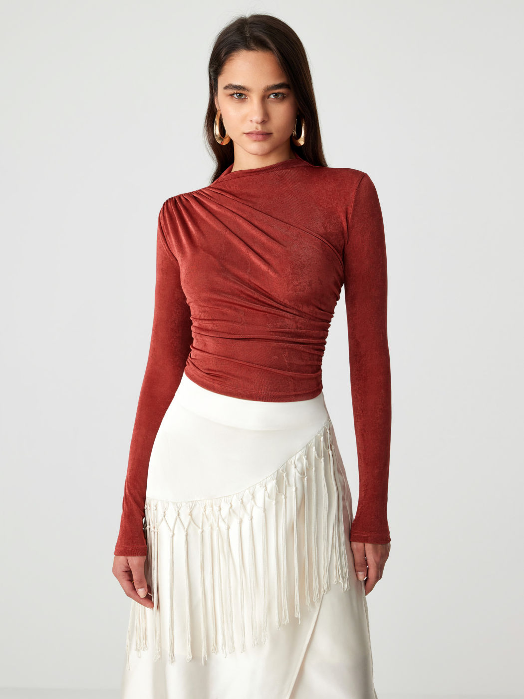 Stand Collar Ruched Long Sleeve Tee