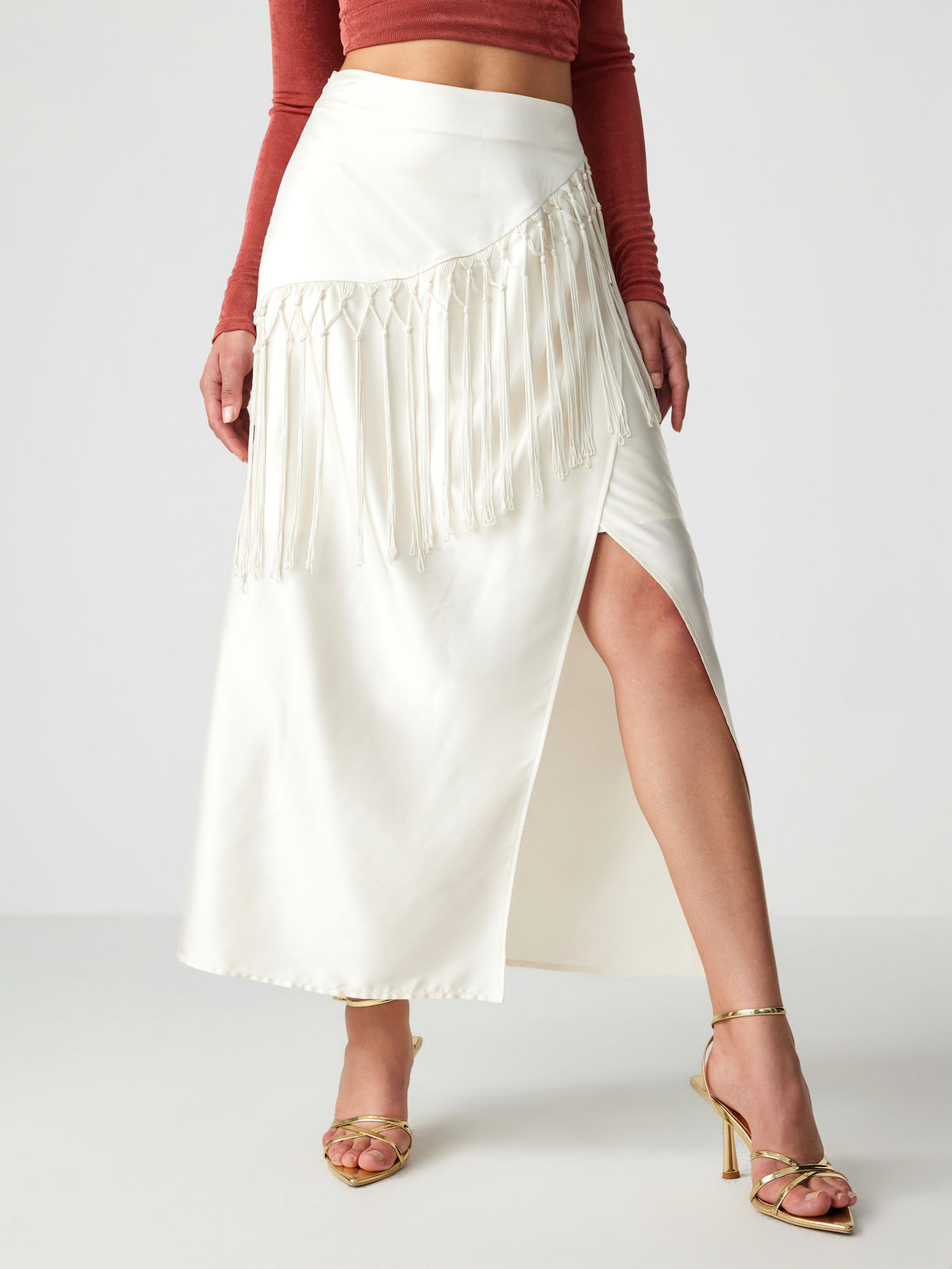 Satin Mid Waist Solid Tassel Maxi Skirt