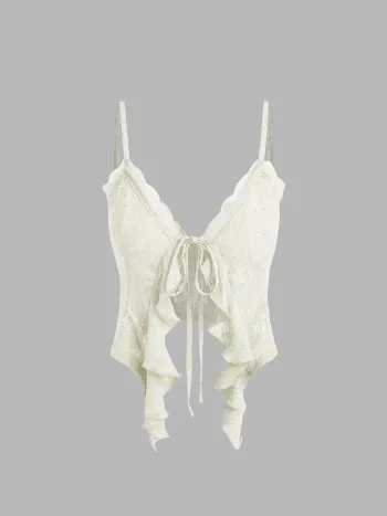 Lace Ruffle Hem Knotted Knit Crop Top