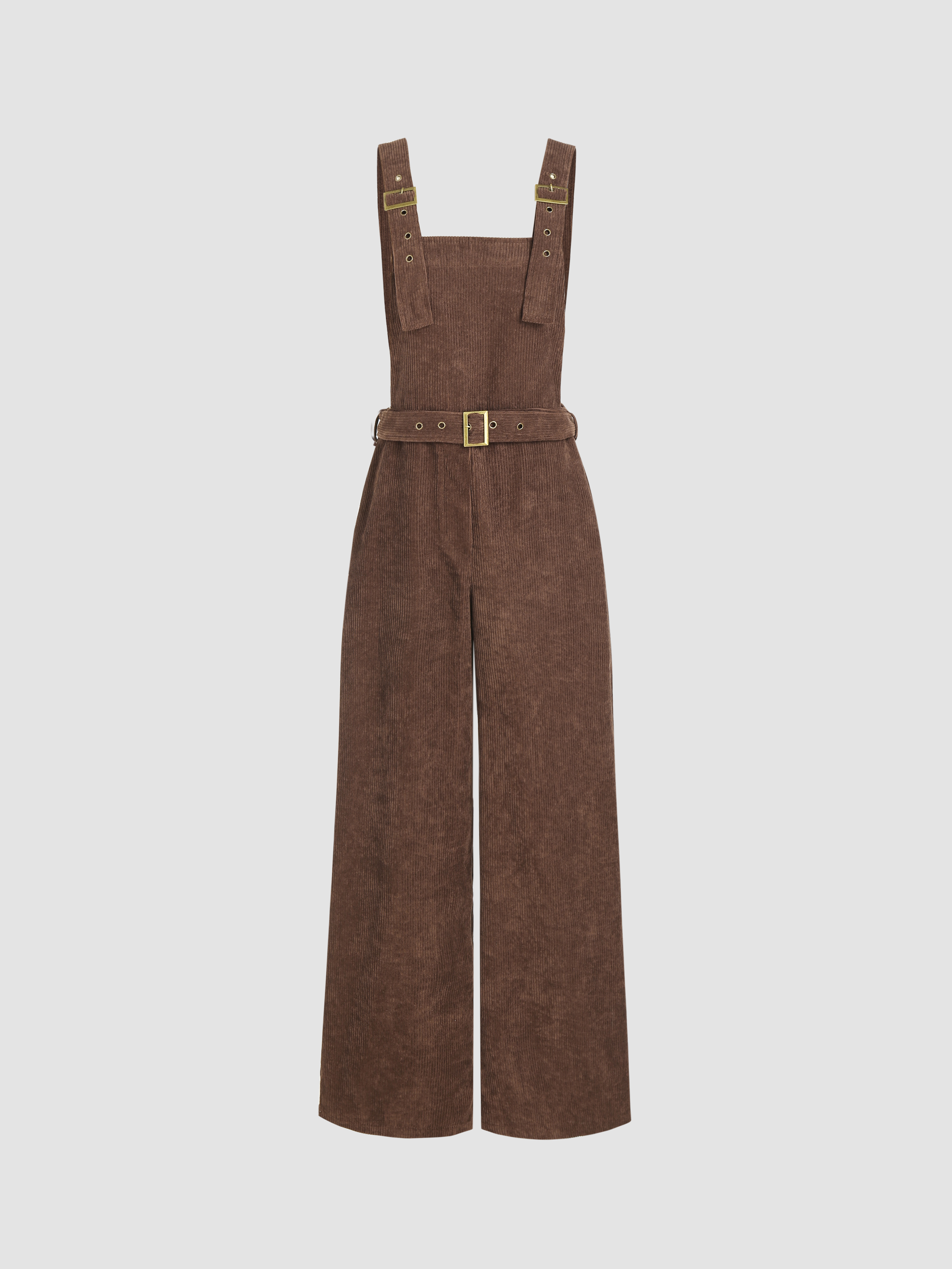 Corduroy Square Neck Solid Jumpsuit With Belt Cider