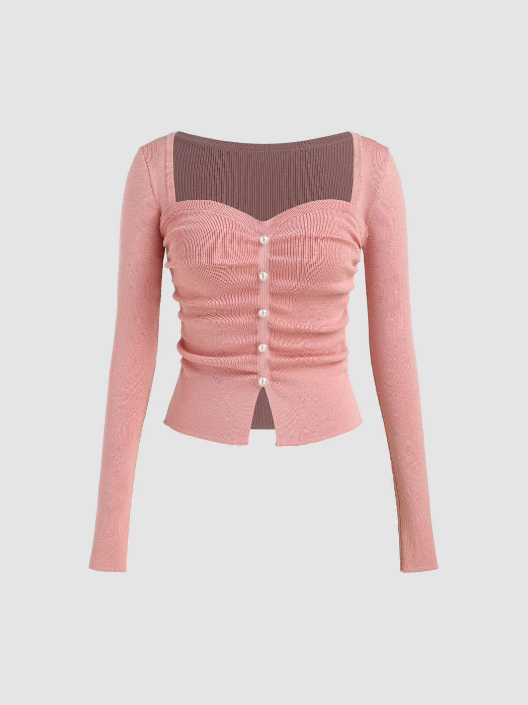 Square Neck Solid Faux Pearl Knitted Long Sleeve Crop Top