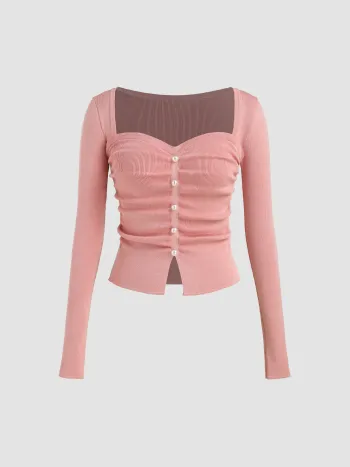 Square Neck Solid Faux Pearl Knitted Long Sleeve Crop Top