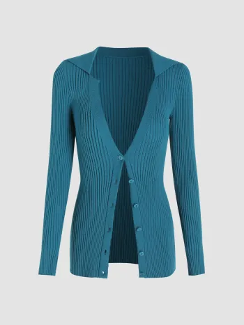  V-Ausschnitt Knopf Rippenstrick Strickjacke