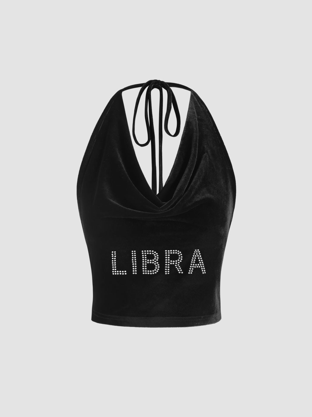 Libra Samt-Crop-Top mit Wasserfallausschnitt und grafischem Buchstaben