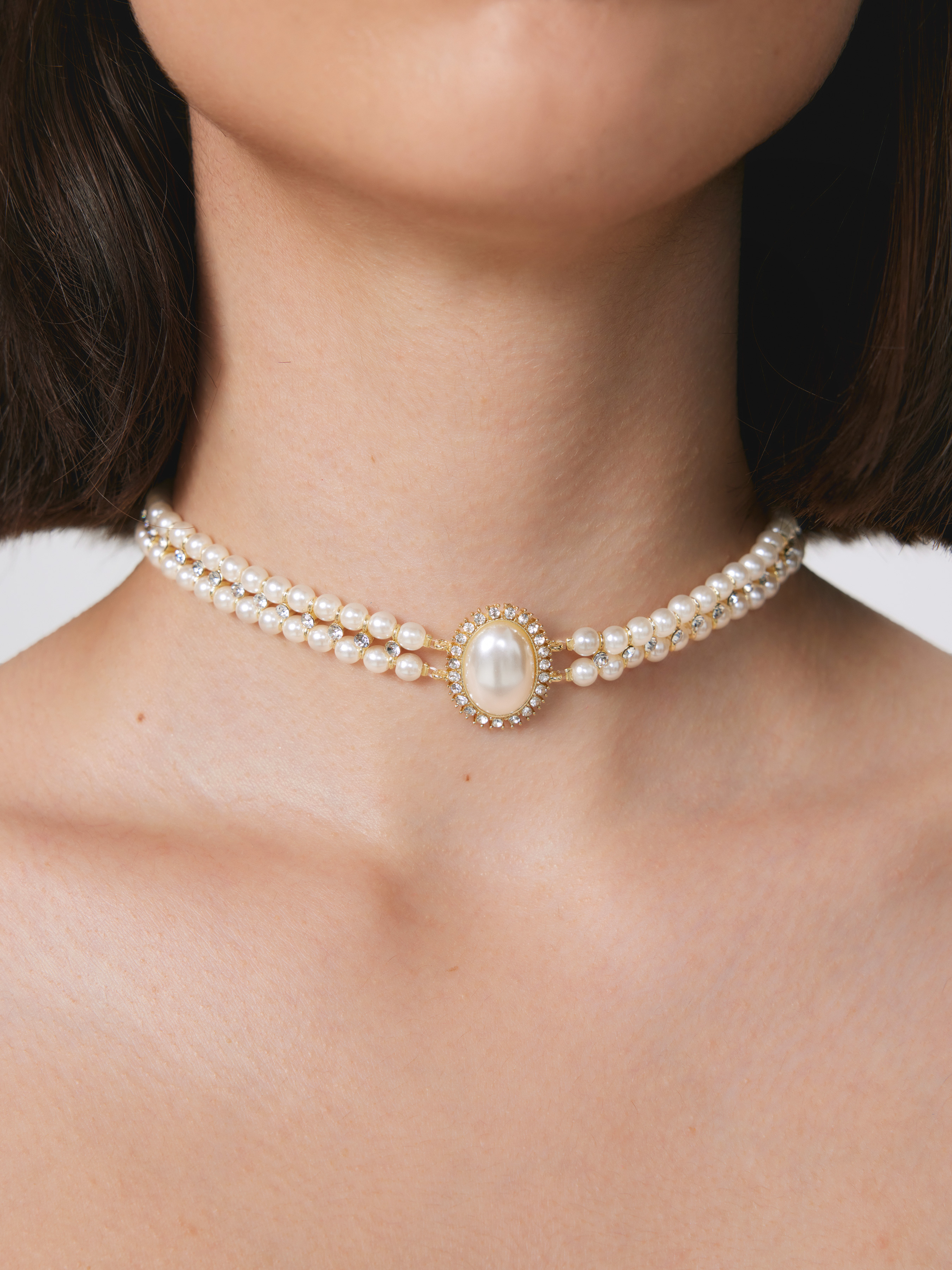 Faux Pearl & Rhinestone Decor Layered Choker Necklace