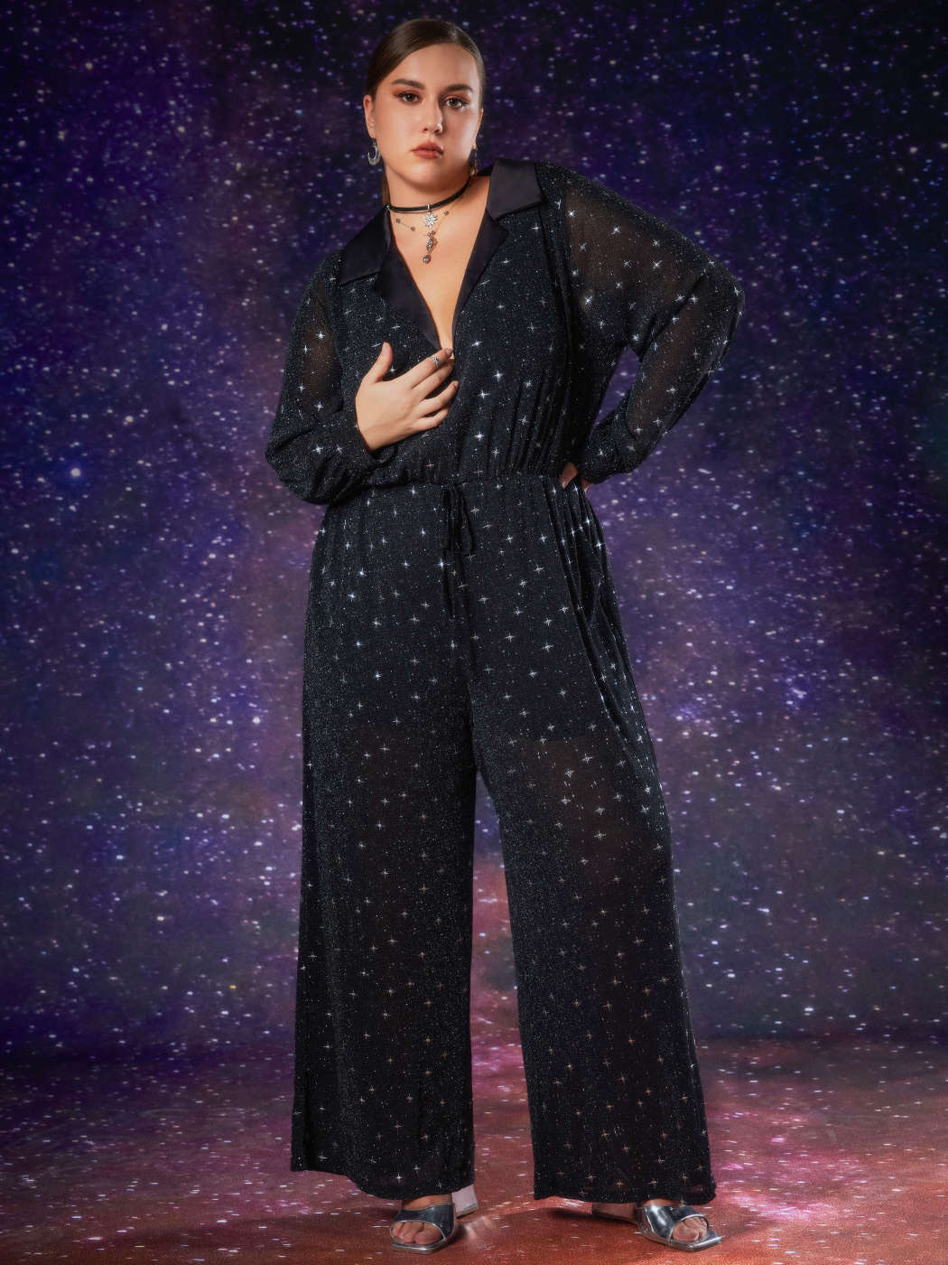 Collar Star Pattern Long Sleeve Jumpsuit Curve Plus For Date