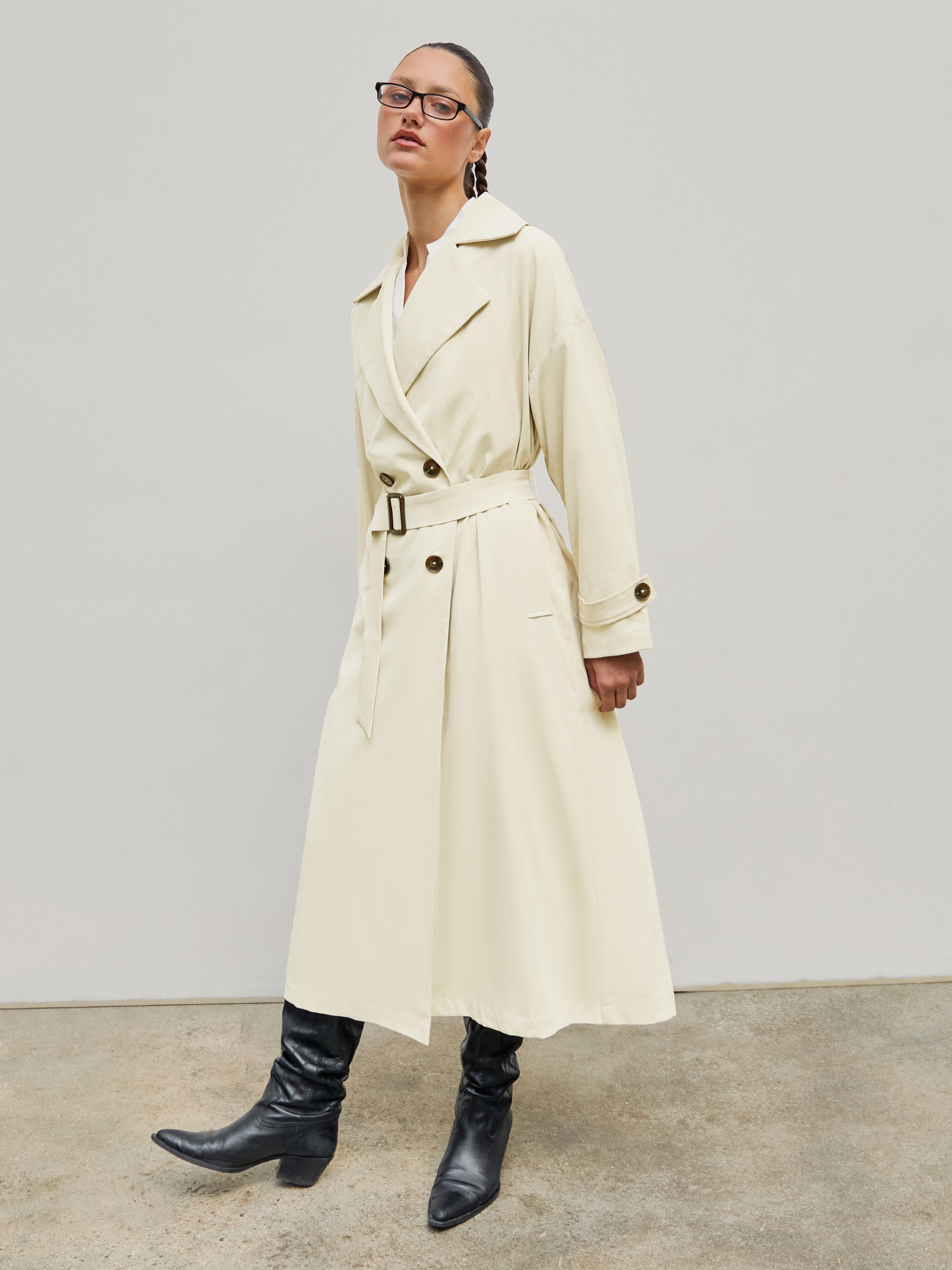 Oversized Solid Collar Long Trench Coat With Belt For Daily Casual