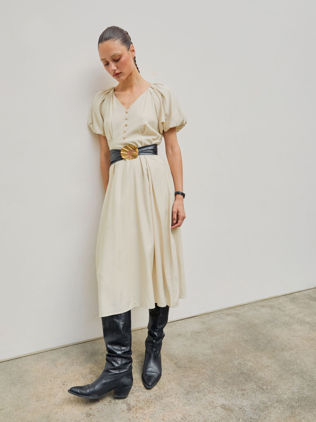 Women S Solid Color V Neck Lace Inset Button Front Maxi Dress main image 0