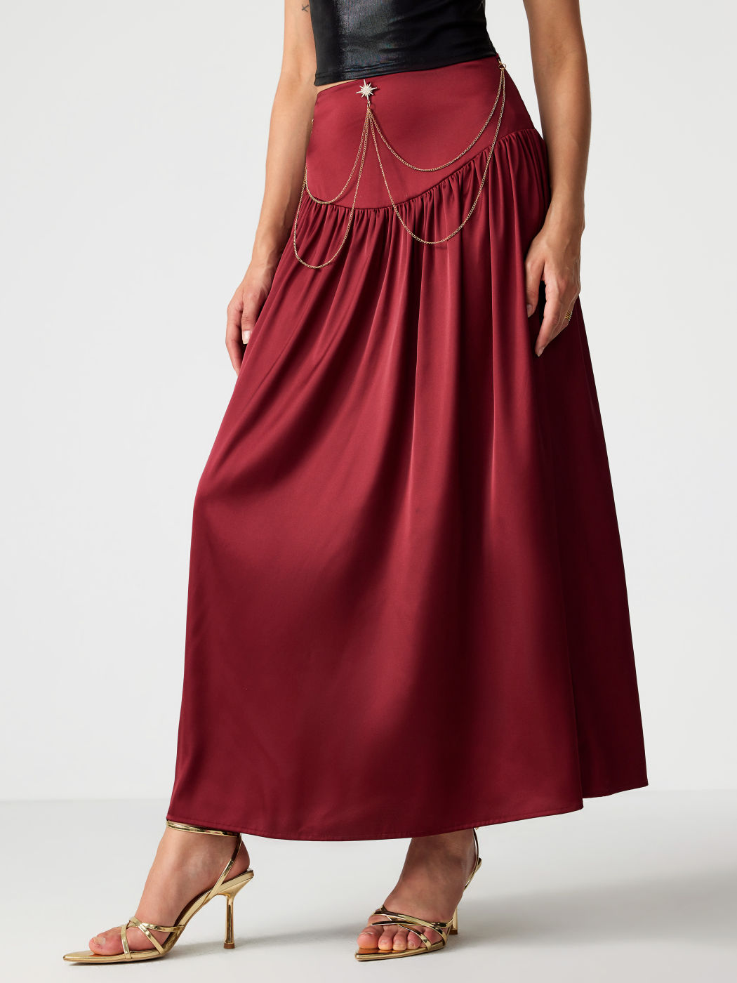 Satin Mid Waist Star Ruched Maxi Skirt For Exhibition Vacation Holiday