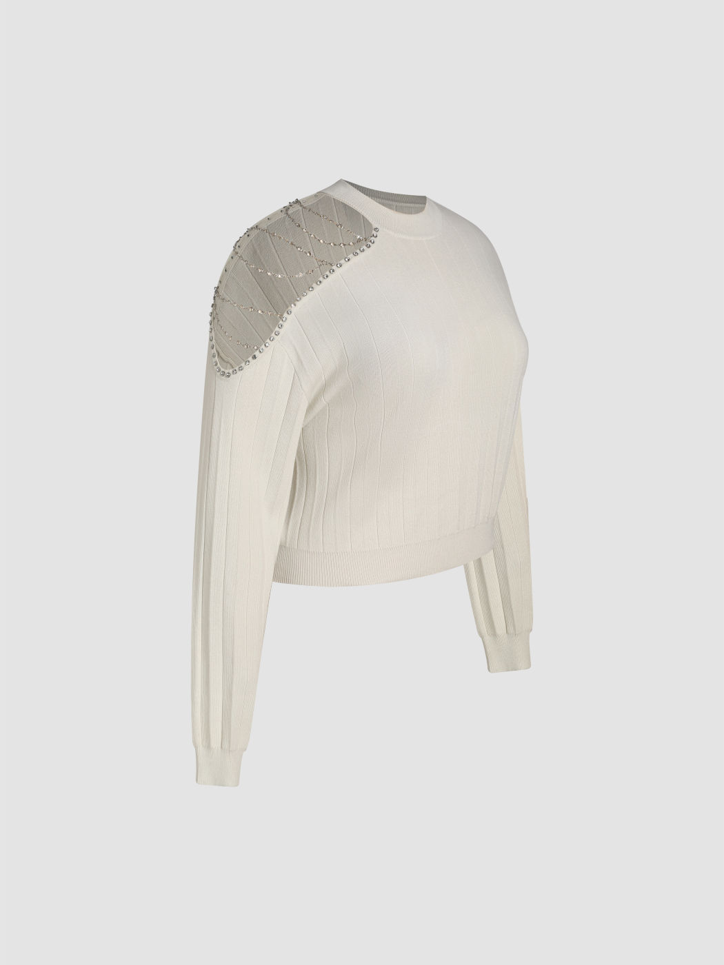 Round Neckline Rhinestone Chain Knitted Long Sleeve Top Curve & Plus