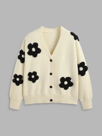 V-Ausschnitt Grafik Blumen Strickjacke Kurve & Plus