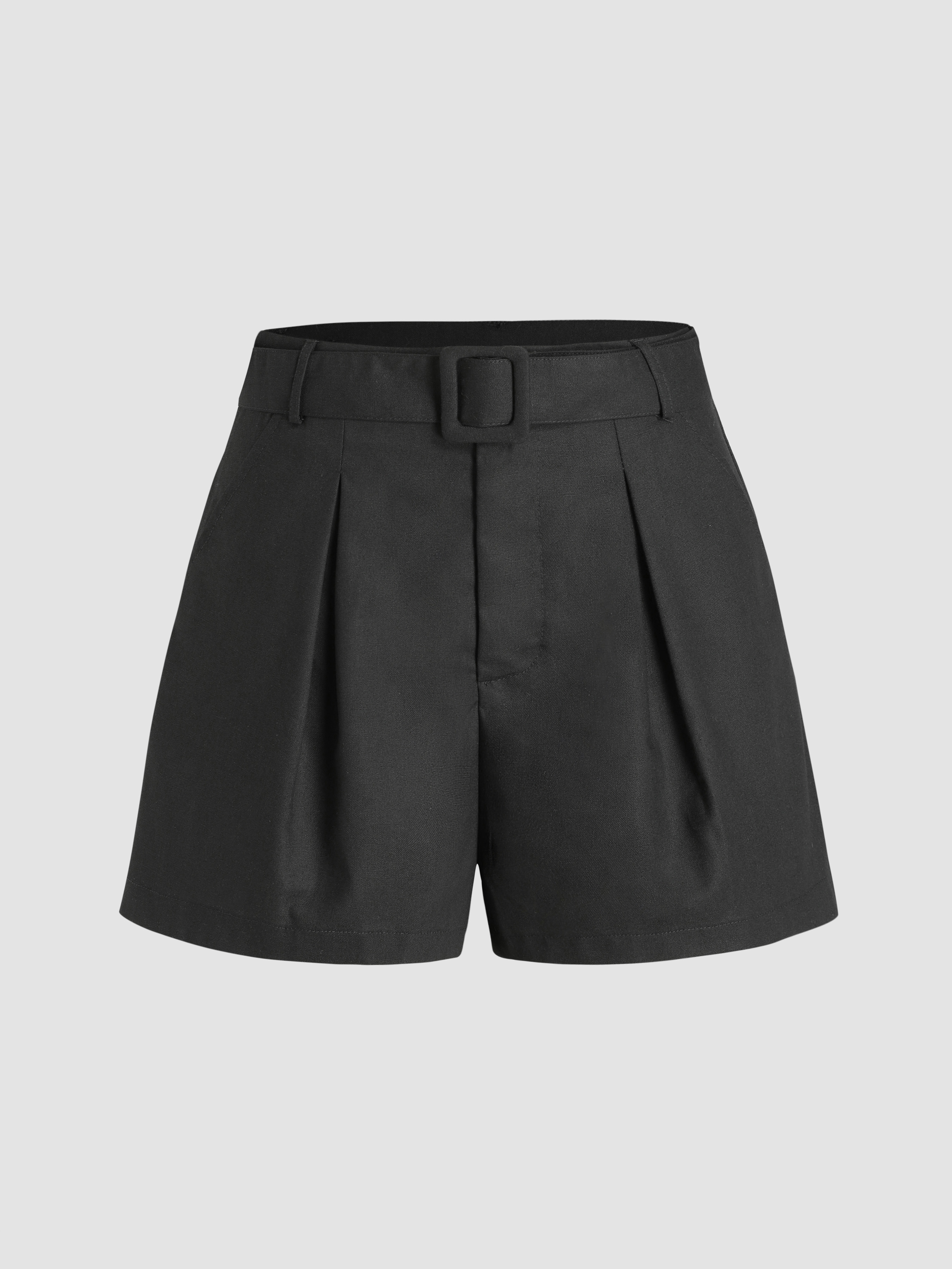 Mid Waist Solid Pocket Shorts With Belt - Cider