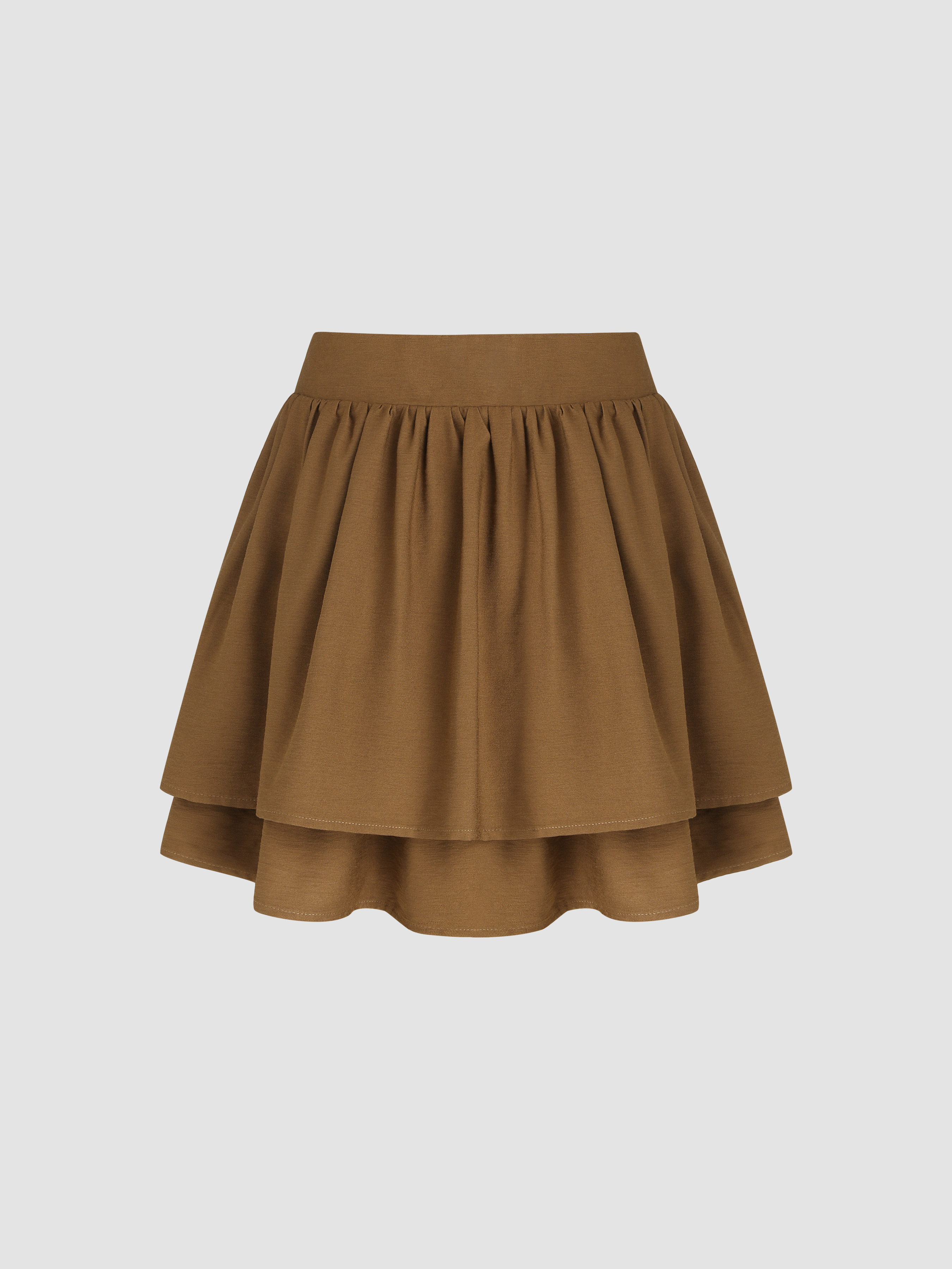 Linen-blend Mid Waist Bohemian Trim Ruffle Mini Skirt - Cider