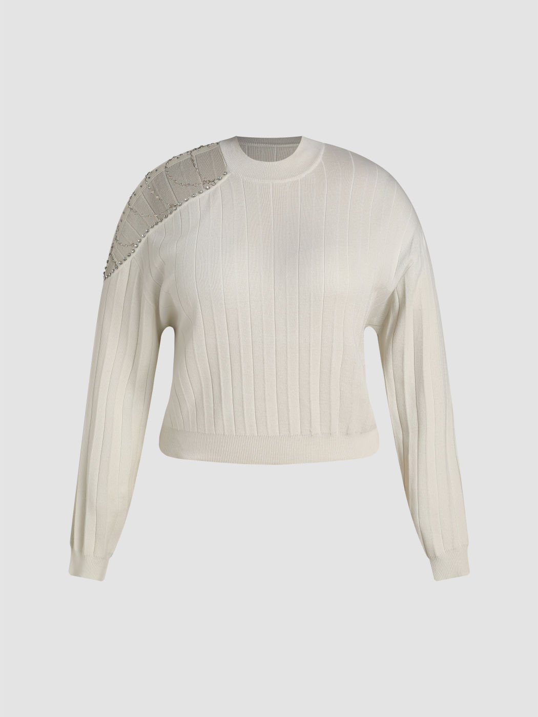 Round Neckline Rhinestone Chain Knitted Long Sleeve Top Curve & Plus