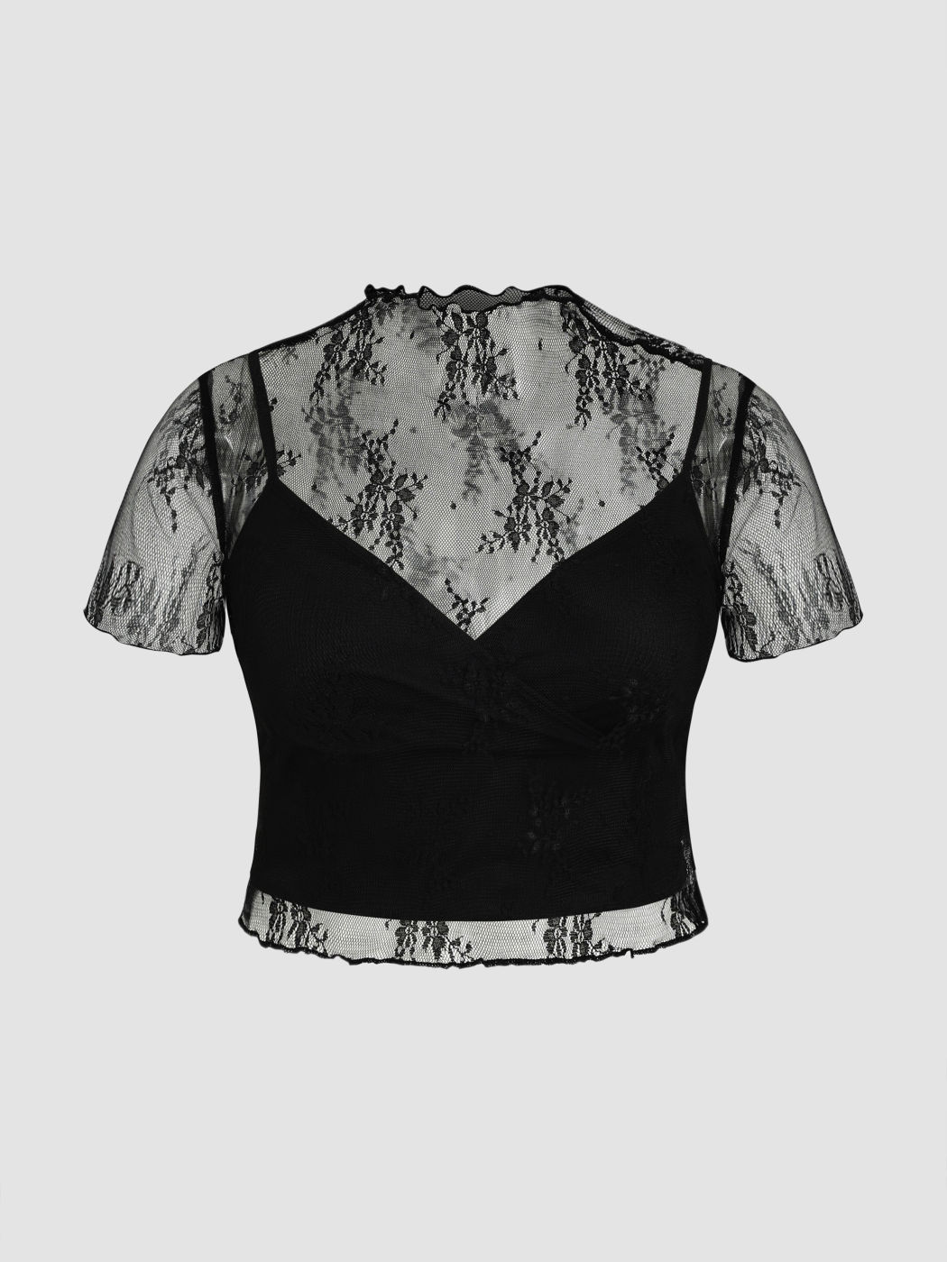 High Neck Lace Floral Top & Solid Cami Top Set Curve & Plus