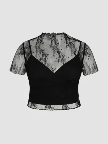 Hochkragen Spitze Blumenoberteil & Einfarbiges Cami-Top Set Kurve & Plus