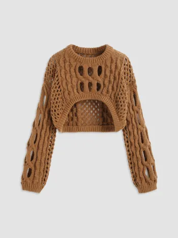 Strick Rundhalsausschnitt Hollow Out Langarm Crop Top