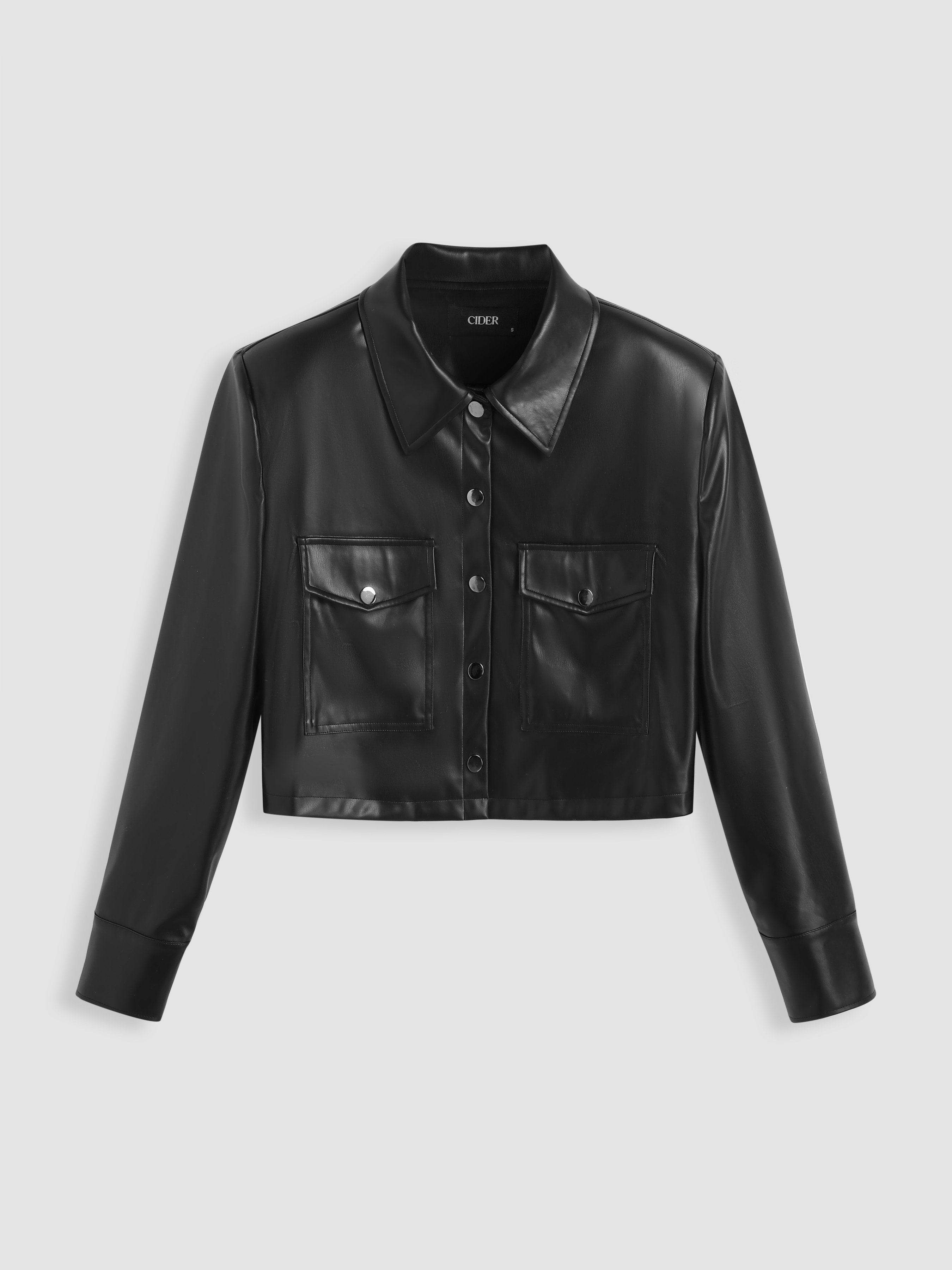 Faux Leather Collar Pocket Button Jacket - Cider