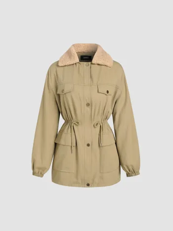  Teddykragen Kordelzug Reißverschluss Knopf Cargo Jacke