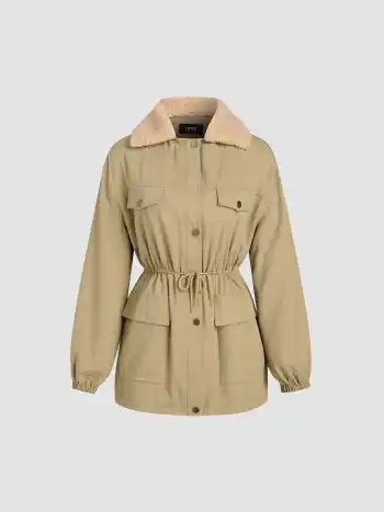  Teddykragen Kordelzug Reißverschluss Knopf Cargo Jacke