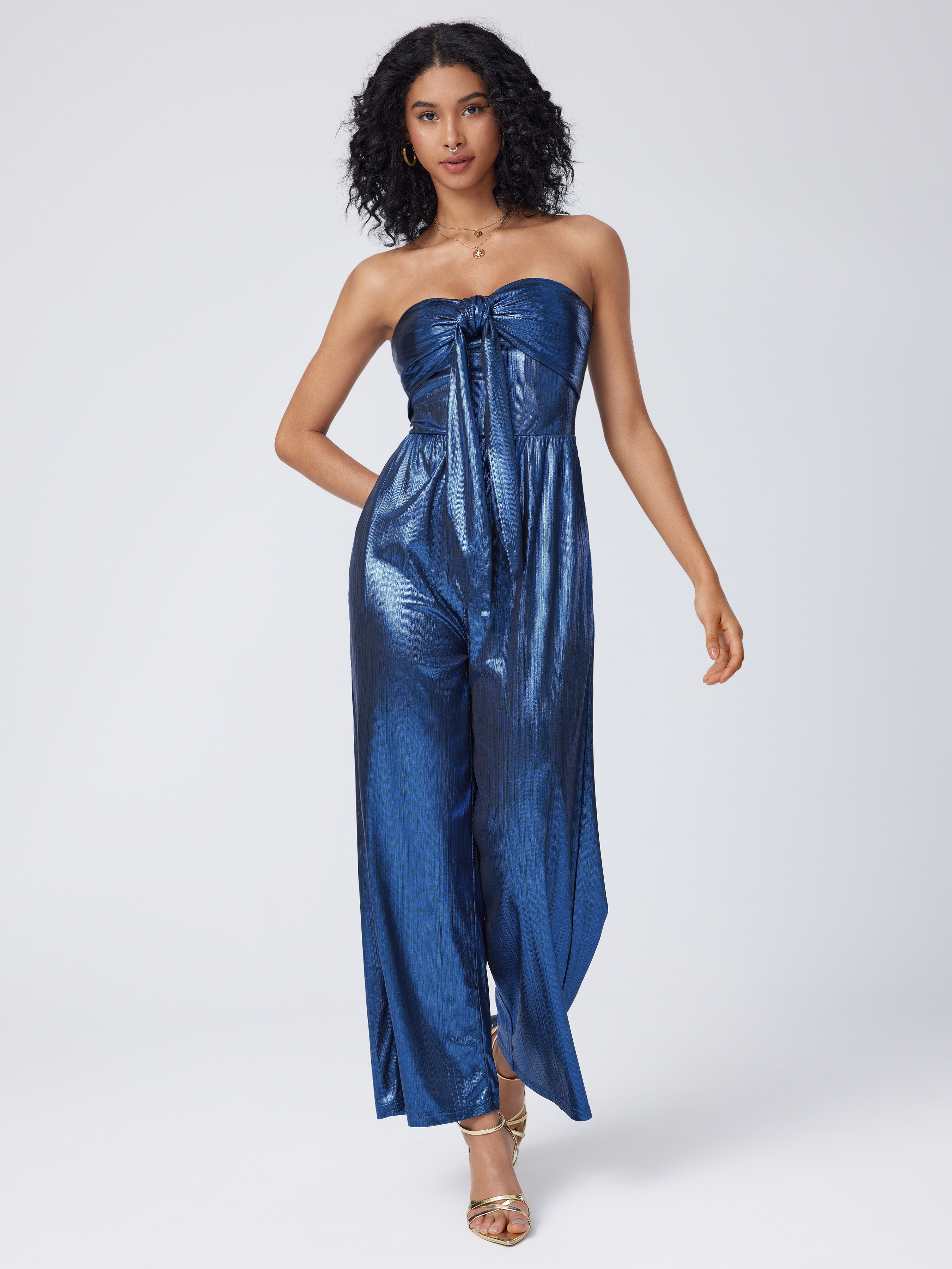 Metallic Tube Bowknot Jumpsuit - Cider