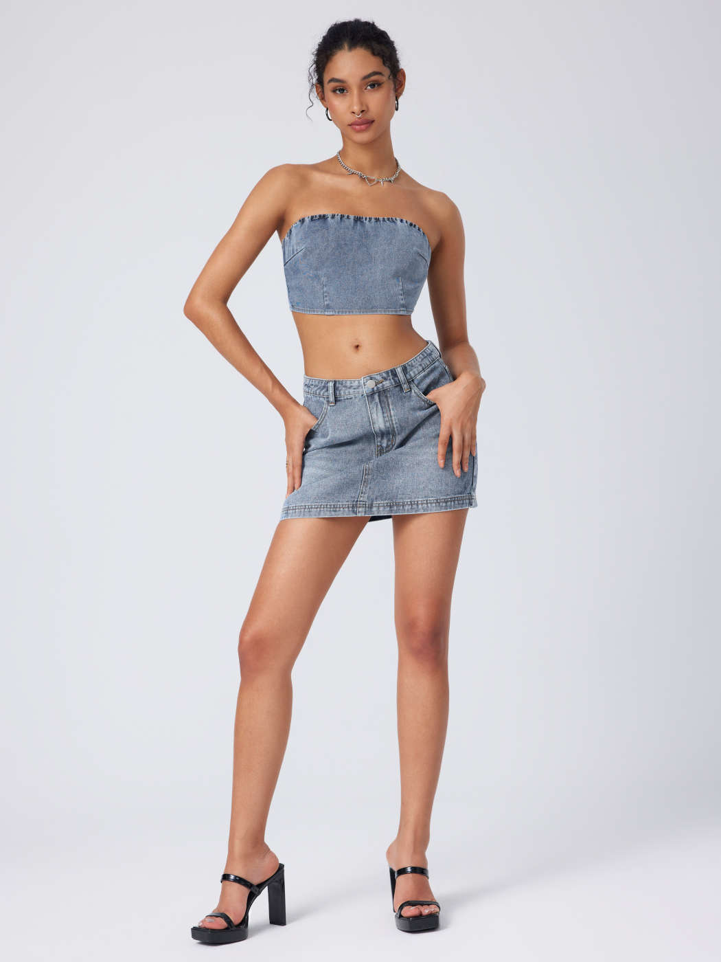 Denim Tube Crop Top & Mini Skirt Matching Set - Cider