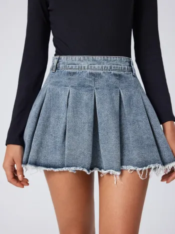 Denim High Waist Pleated Raw Hem Mini Skirt