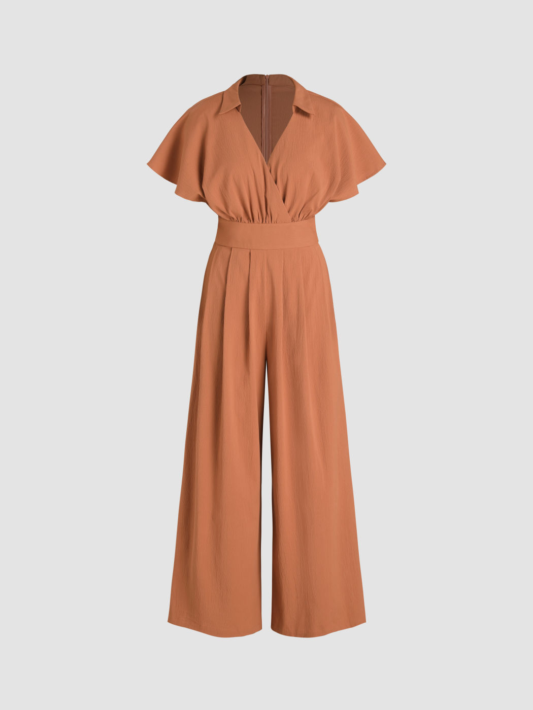  V Neck Collar Pleated Wide Leg Jumpsuit