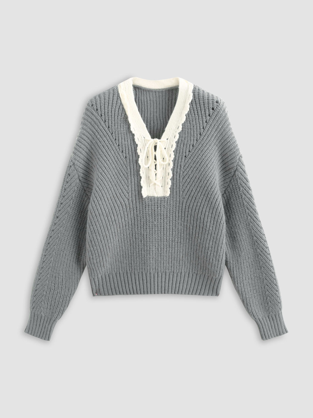  V-Ausschnitt Einfarbige Spitze Gestrickter Kordelzug Langärmliger Pullover