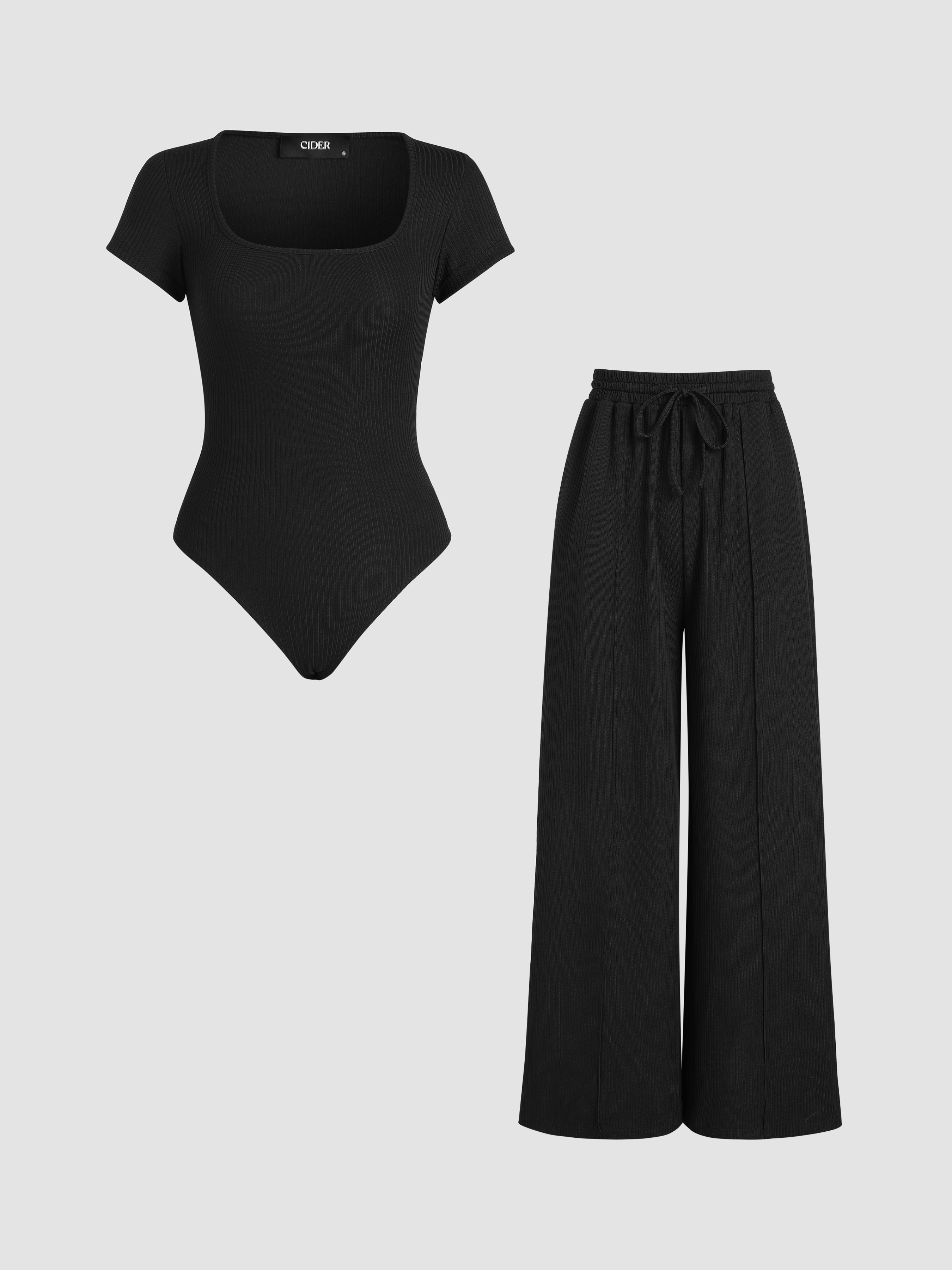 U-neckline Bodysuit & Elastic Waist Wide Leg Pants Set